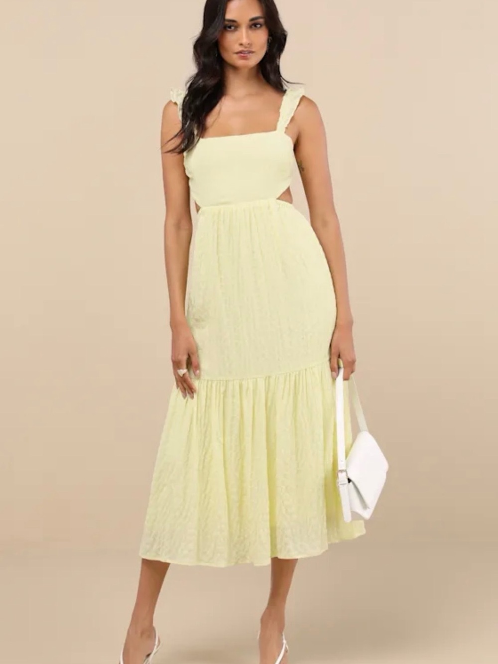 Lulus Light Yellow Square-Neck Midi Dress with Ruffled Straps